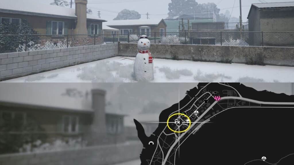 Ein Schneemann und eine Karte von Paleto Bay in GTA Online.