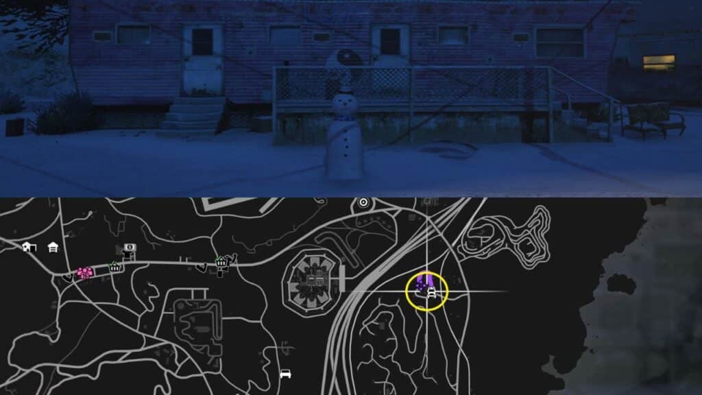 Ein Schneemann und eine Karte des Windparks RON Alternates in GTA Online.