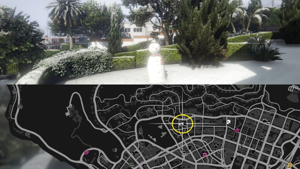 Ein Schneemann und eine Karte von Rockford Hills in GTA Online.