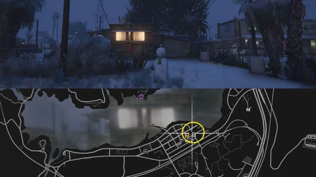 Ein Schneemann und eine Karte von Sandy Shores in GTA Online.