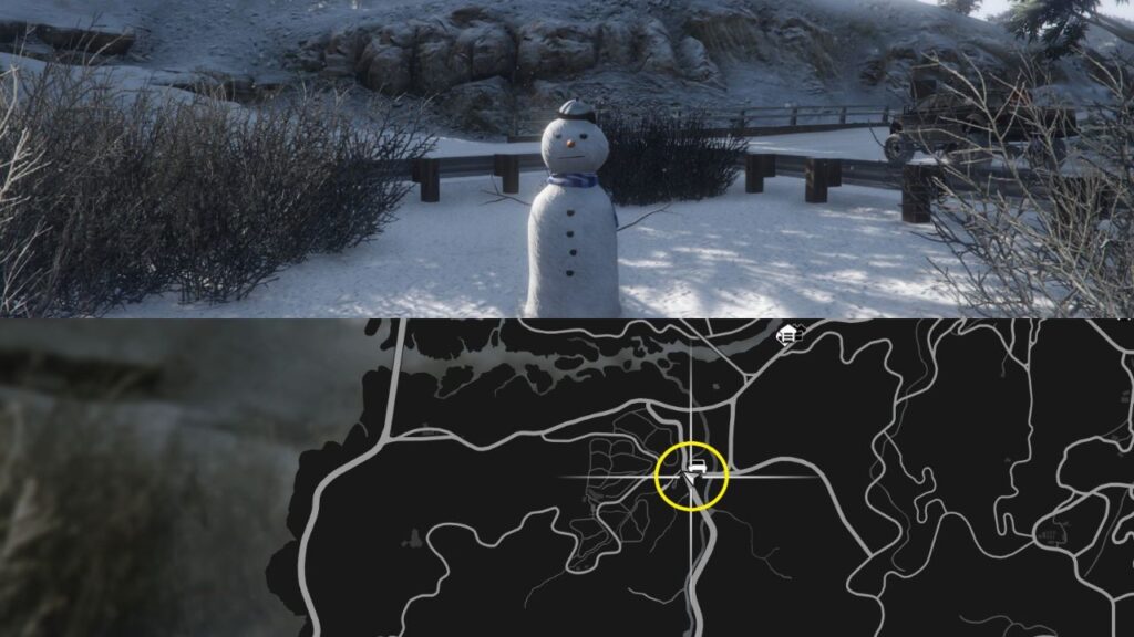 Ein Schneemann und eine Karte von Tongva Valley in GTA Online.