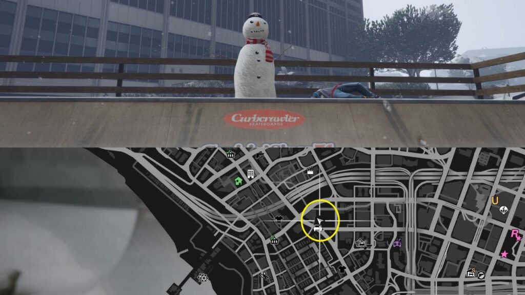 Ein Schneemann und eine Karte der Vespucci-Kanäle in GTA Online.
