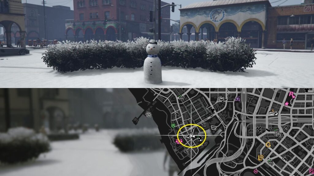 Ein Schneemann und eine Karte der Vespucci-Kanäle in GTA Online.