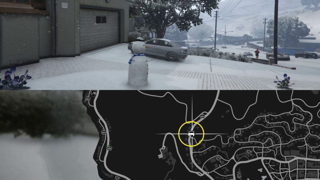 Ein Schneemann und eine Karte von Vinewood Hills in GTA Online.