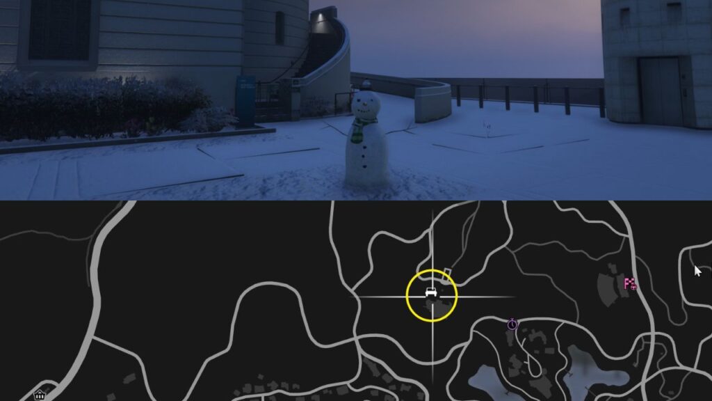 Ein Schneemann und eine Karte von Vinewood Hills in GTA Online.