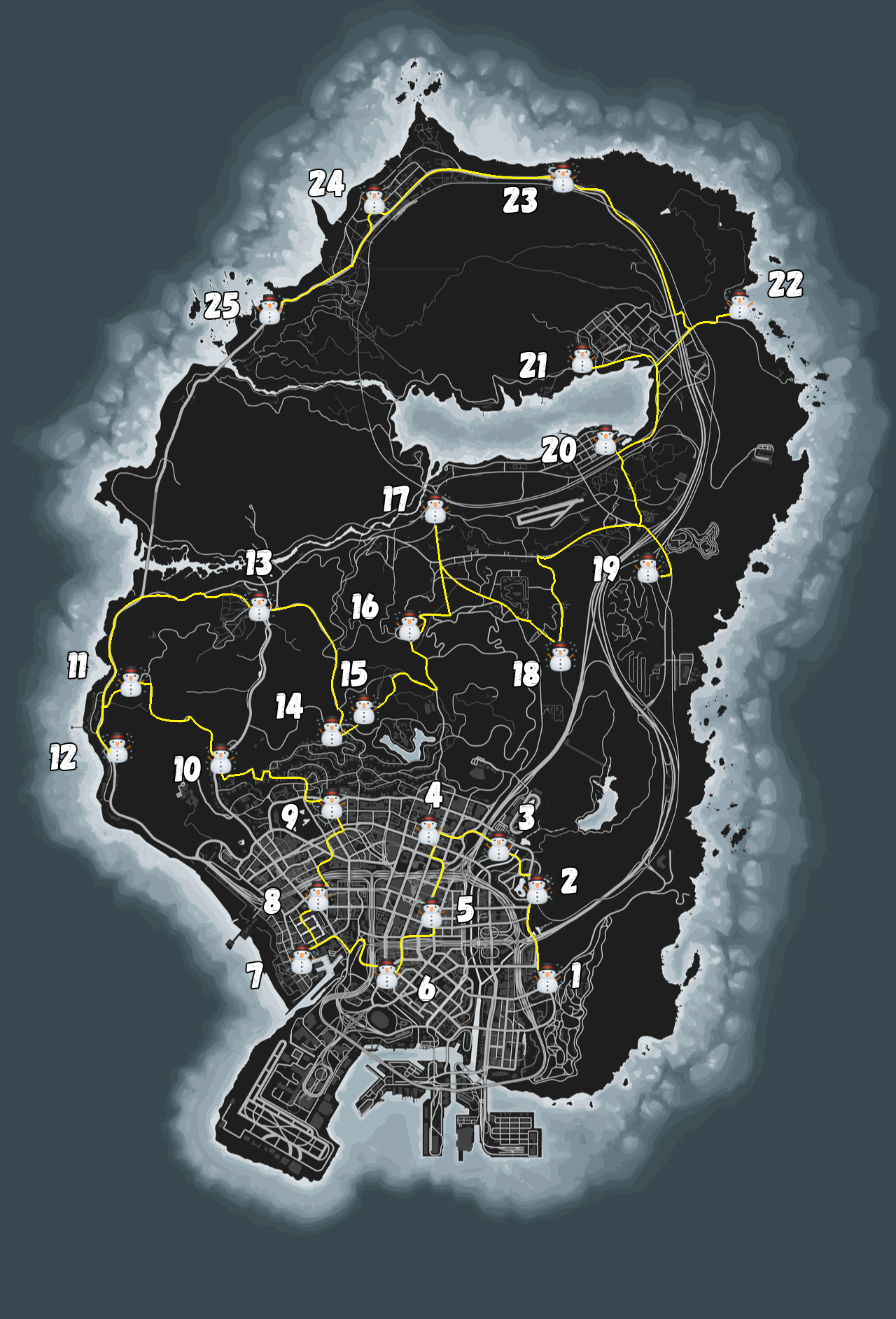 Die vollständige Karte in GTA Online mit allen Schneemännern.