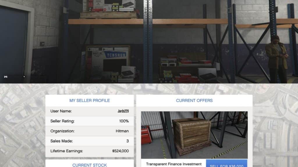 The Special Cargo Warehouse and management screen in GTA Online.