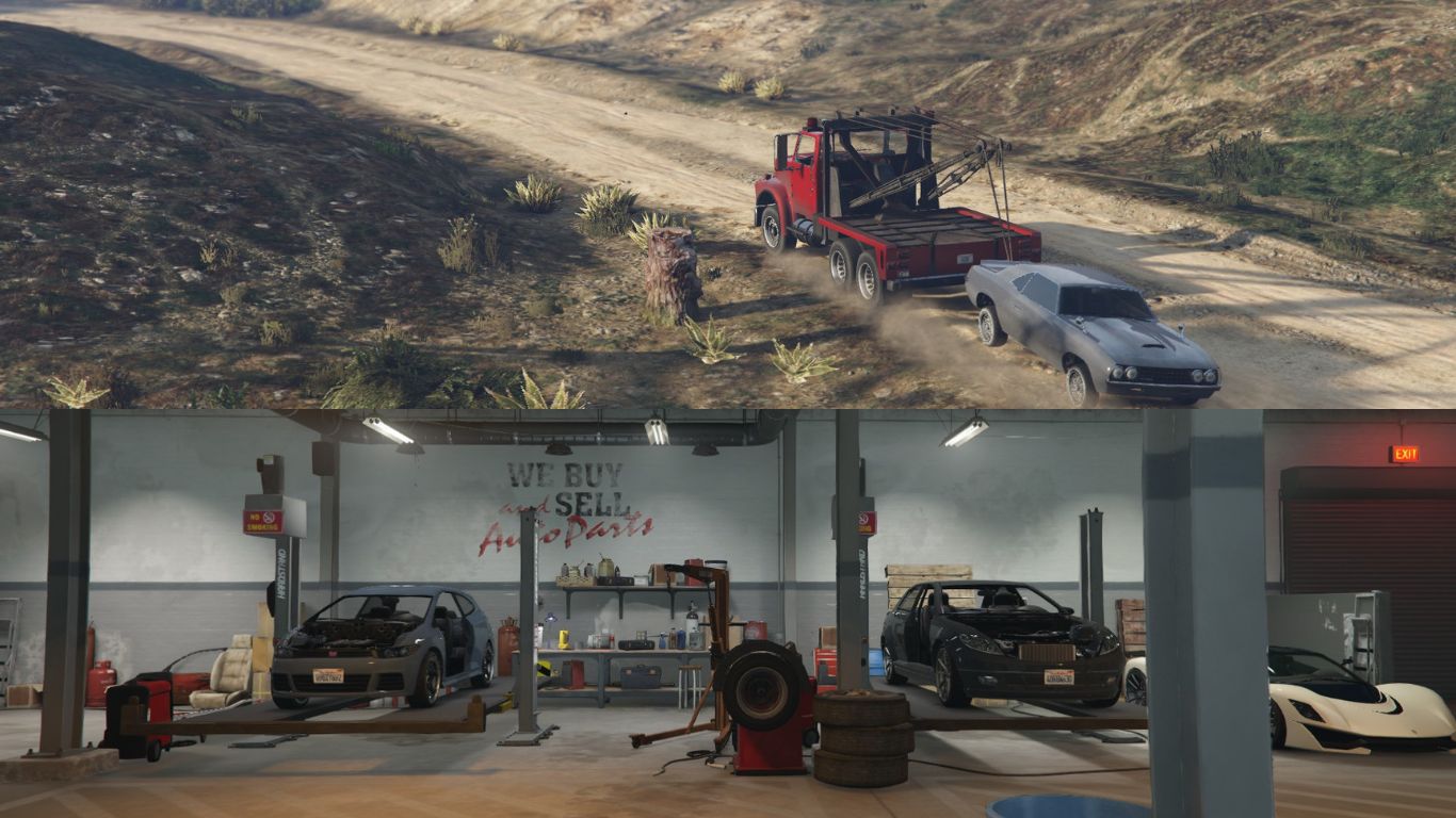 Der Spieler schleppt ein Fahrzeug ab und befindet sich auf dem Schrottplatz in GTA Online.