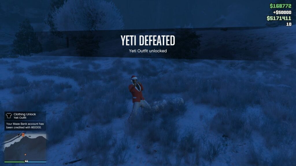 The protagonist defeating the Yeti in GTA Online.