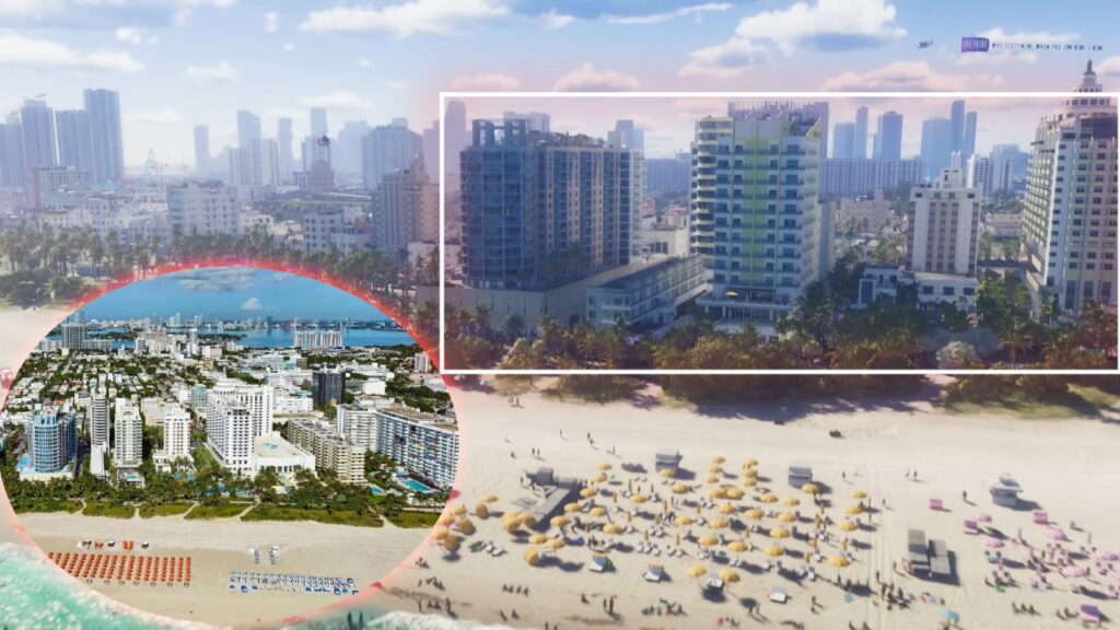 Die Gebäude in der Strandszene im GTA 6 Trailer, die dem Royal Palm Beach Hotel ähneln