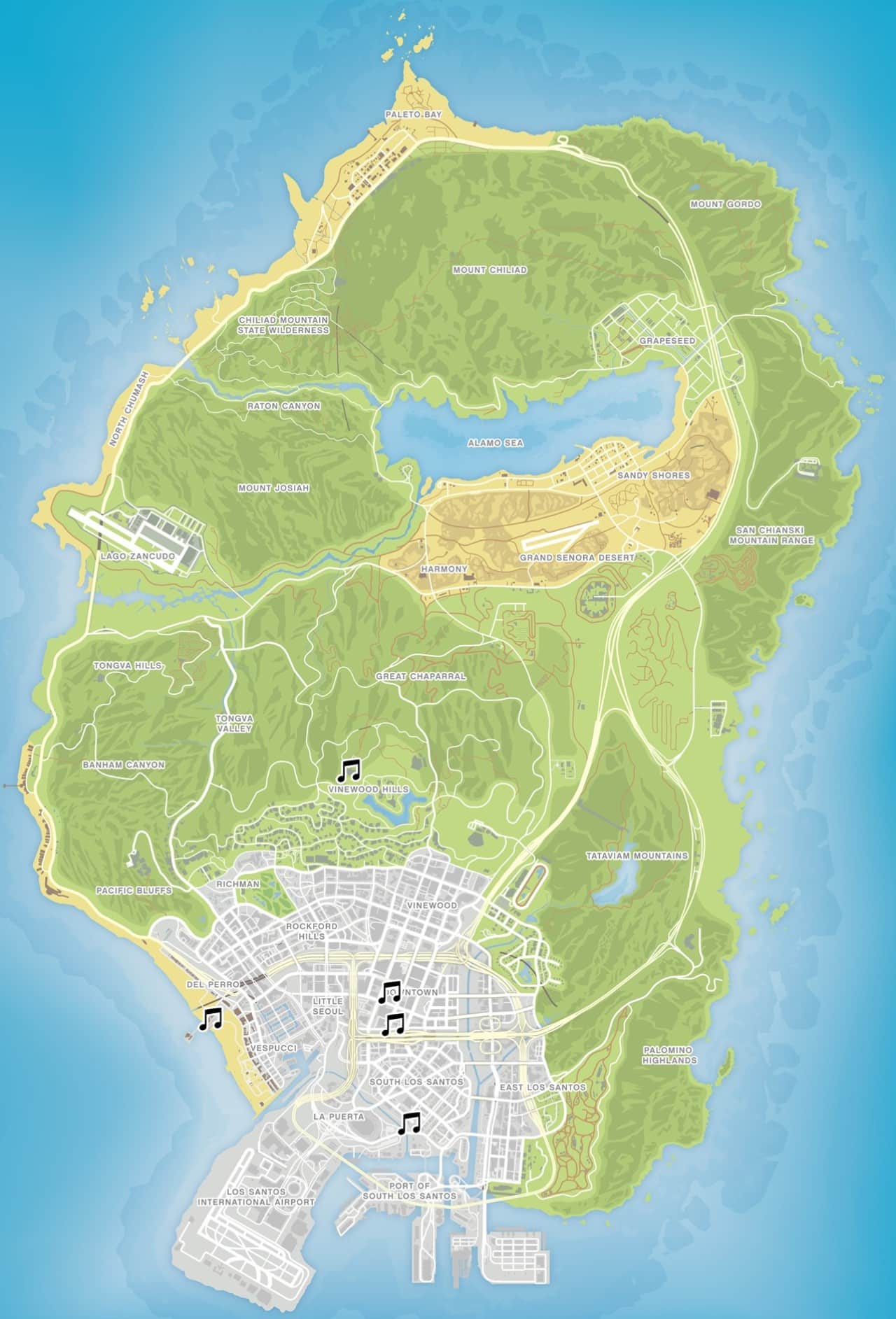 Karte aller 5 West Coast Classics Media Stick Standorte in GTA Online 