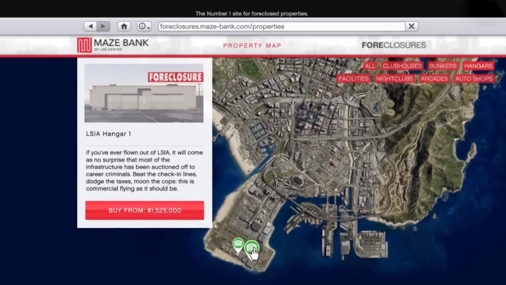 The Maze Bank Foreclosures website showing all purchasable Hangars in GTA Online.