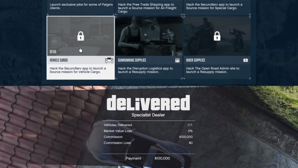 The Vehicle Cargo management screen and the player completing a delivery mission in GTA Online.