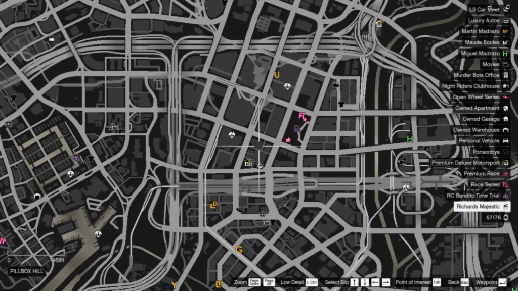 The map of the Signal Jammer's location in GTA Online at Pillbox Hill.