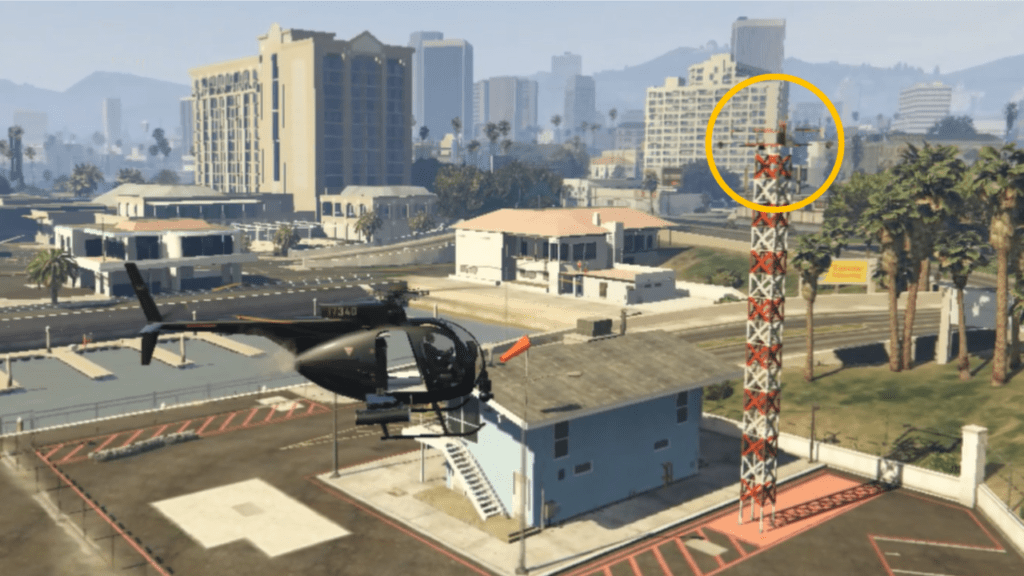 The Signal Jammer attached at a signal tower near the Vespucci Helipad targeted by the Buzzard's homing missile.