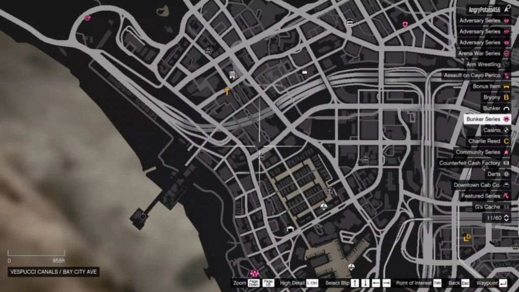 The map of the Signal Jammer's location in GTA Online at Vespucci Canals/Bay City ave.