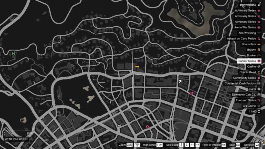 The map of the Signal Jammer's location in GTA Online at West Vinewood.