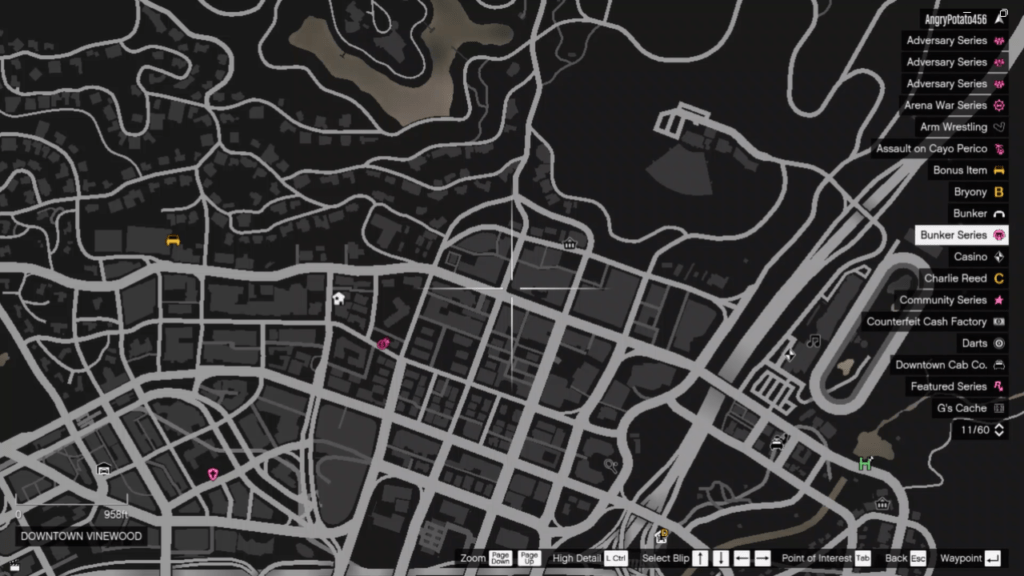 Die Karte mit dem Standort des Signal Jammer in GTA Online in der Innenstadt von Vinewood.