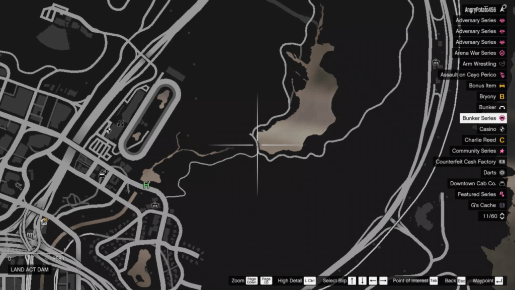 The map of the Signal Jammer's location in GTA Online at Land Act Dam.