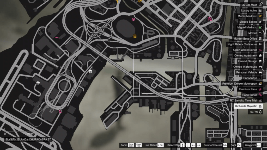 The map of the Signal Jammer's location in GTA Online at Elysian Island.