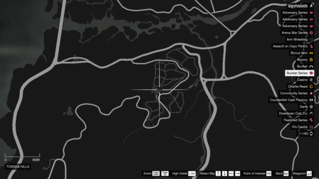 The map of the Signal Jammer's location in GTA Online at Tongva Hills.