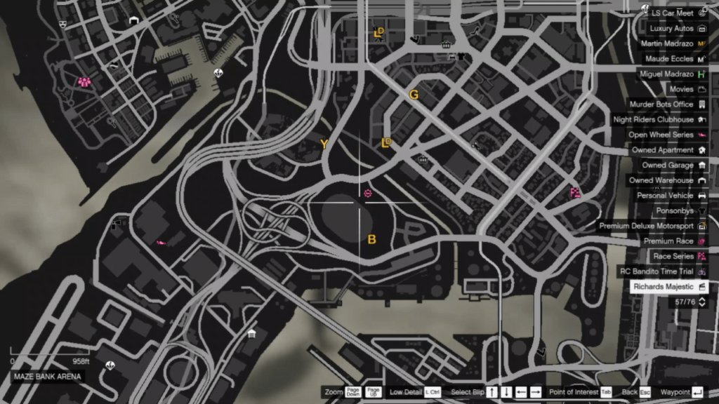 The map of the Signal Jammer's location in GTA Online at Maze Bank Arena .