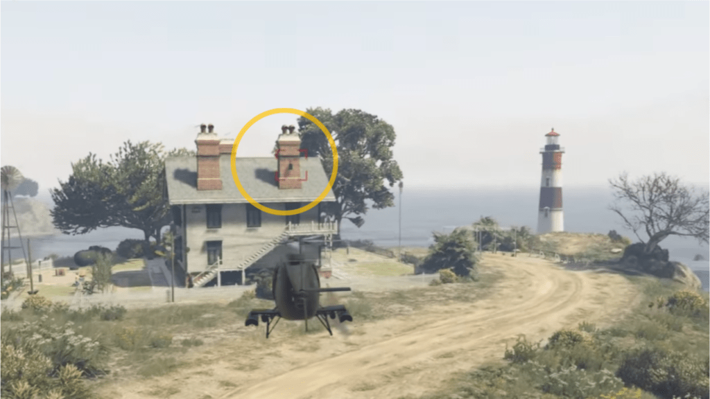 The Signal Jammer attached at the top of a house chimney near the Lighthouse targeted by the Buzzard's homing missile.
