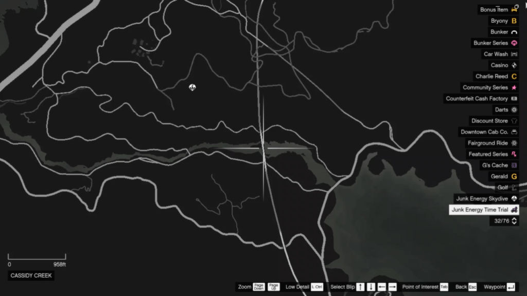 The map of the Signal Jammer's location in GTA Online at Cassidy Creek.