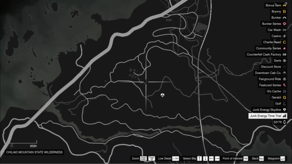 The map of the Signal Jammer's location in GTA Online at Chiliad Mountain State Wilderness.