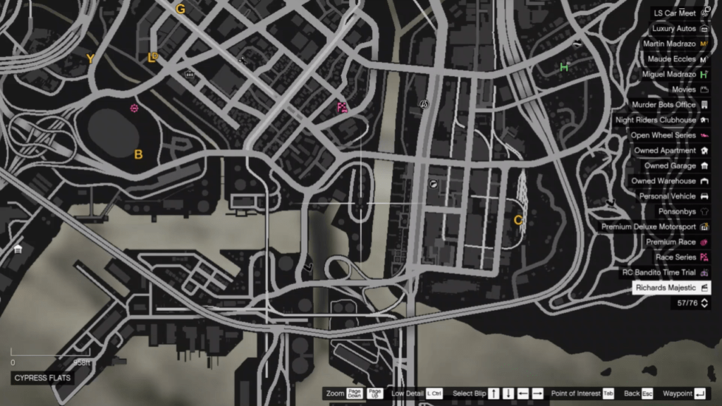 The map of the Signal Jammer's location in GTA Online at Cypress Flats.