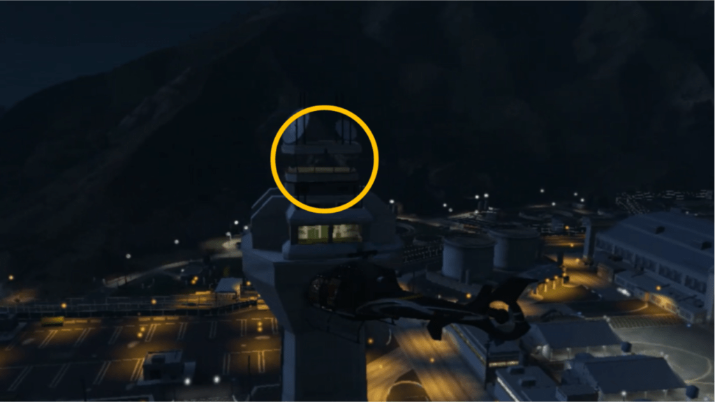 The Signal Jammer attached at a control tower in Fort Zancudo targeted by the Buzzard's homing missile.