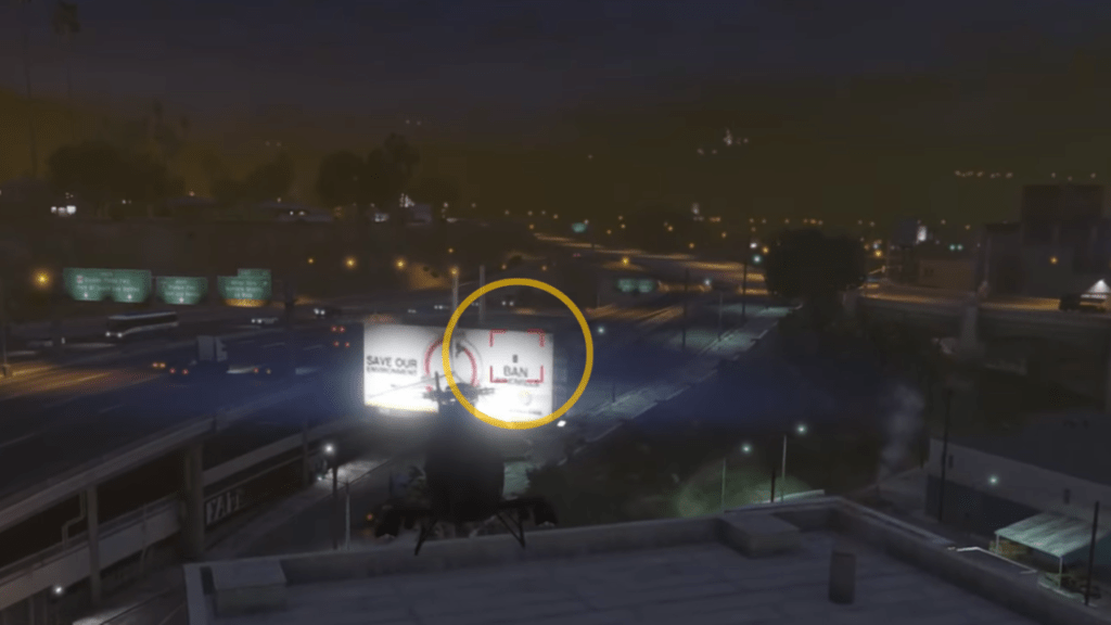 The Signal Jammer at a Billboard in Popular Street being targeted by the Buzzard's homing missile.