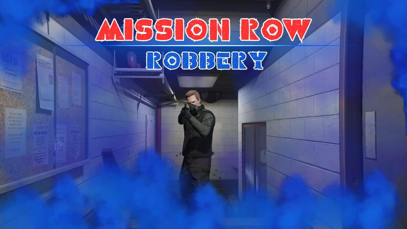 The player at the corridor of the Mission Row Police Station in the Mission Row Robbery in GTA Online.