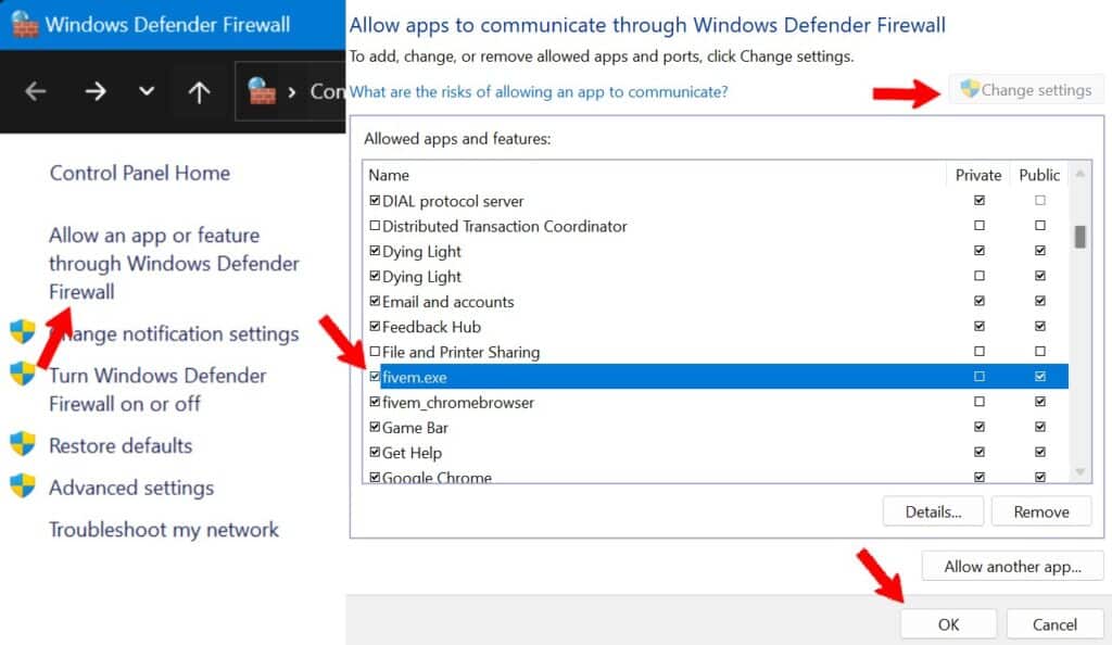 Die Schritte, um FiveM durch die Windows Defender Firewall laufen zu lassen 