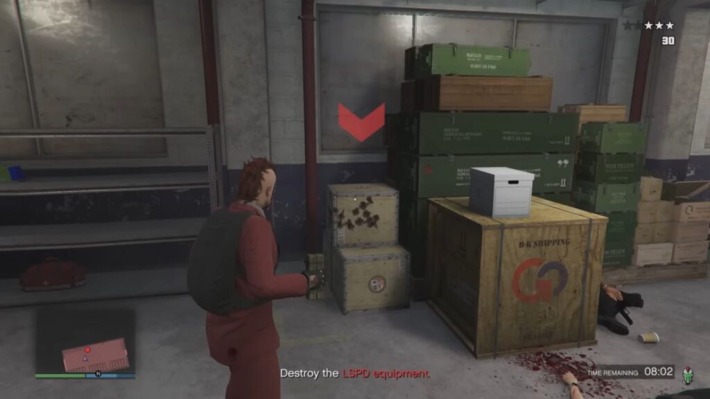 The player destroying a crates shipment containing gas masks in GTA Online.