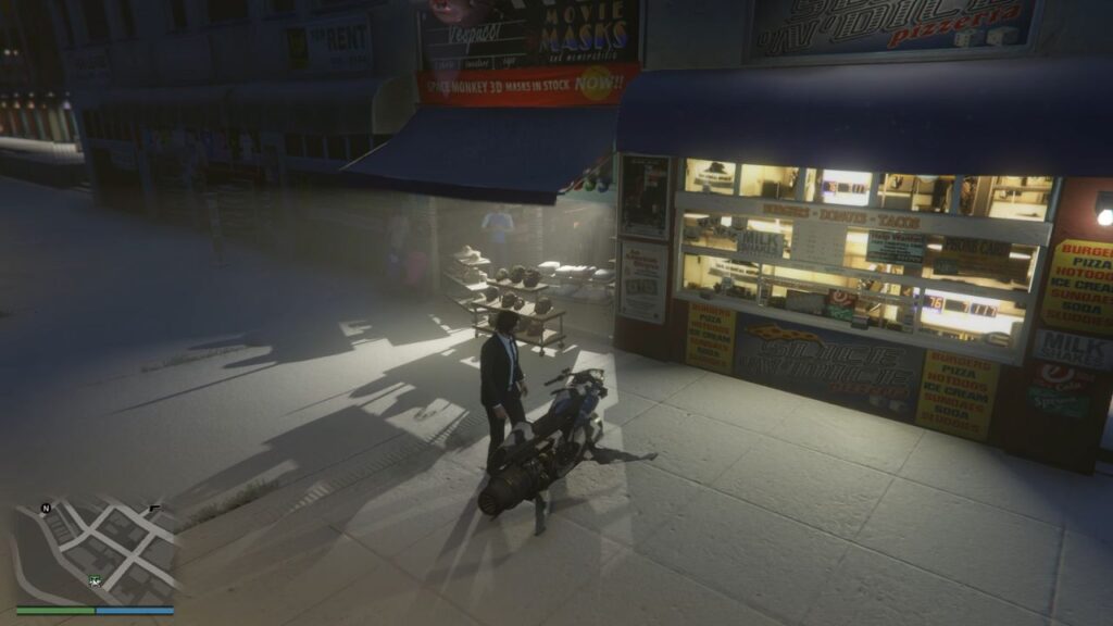 The player in front of the mask store near Vespucci Beach.