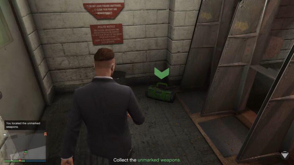The player finding a bag of weapons in a shooting range in GTA Online.