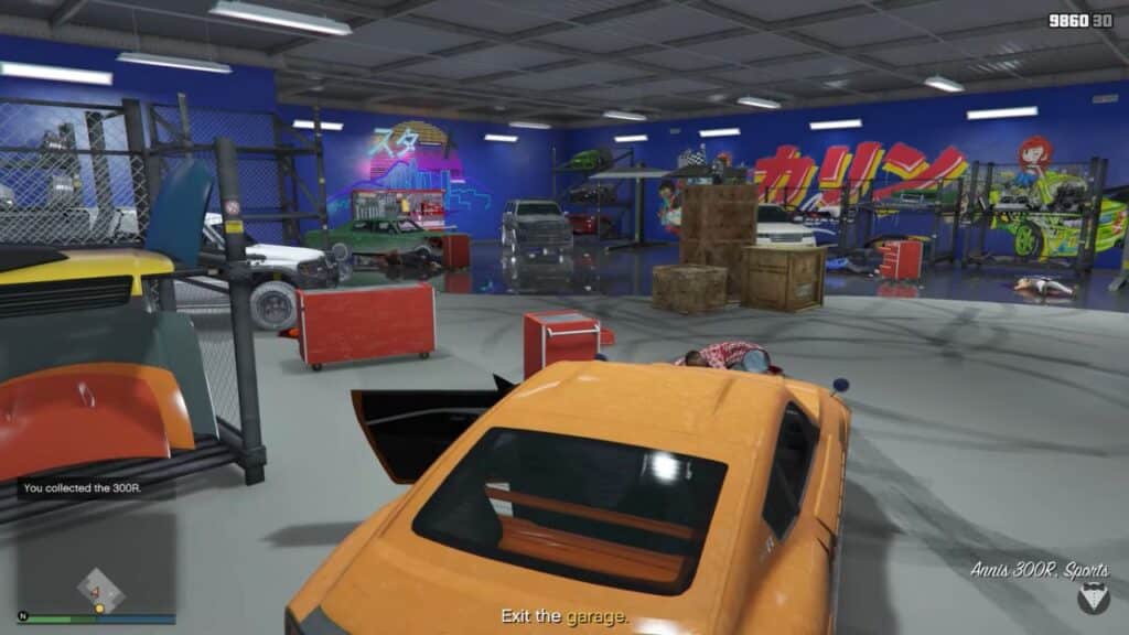 The player inside an Auto Shop with several cars inside to steal a Getaway Vehicle for the Mission Row Robbery in GTA Online.