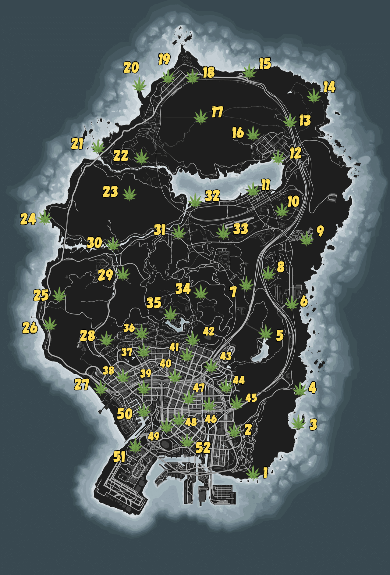 The map of Los Santos and Blaine County showing all land Peyote Plants in GTA Online.