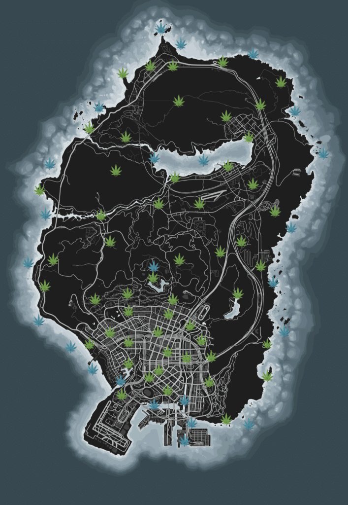 Alle Land- und Wasserstandorte der Peyote-Pflanze in GTA Online.