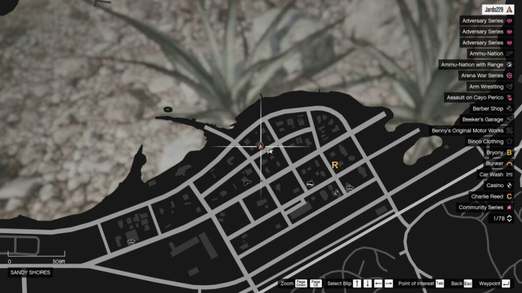 The map in GTA Online featuring the Peyote Plant's location in Sandy Shores.