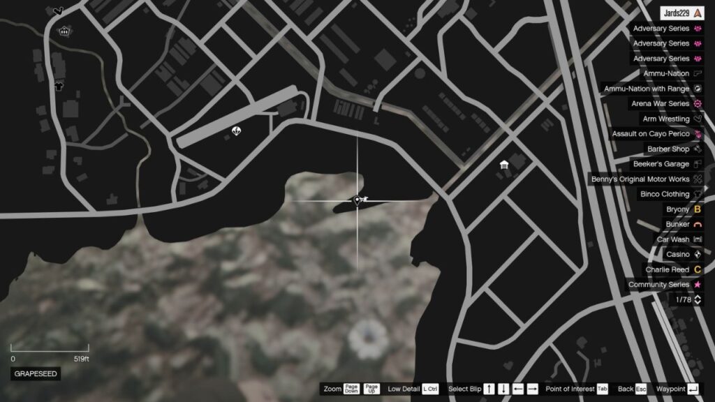 The map in GTA Online featuring the Peyote Plant's location in Grapeseed.