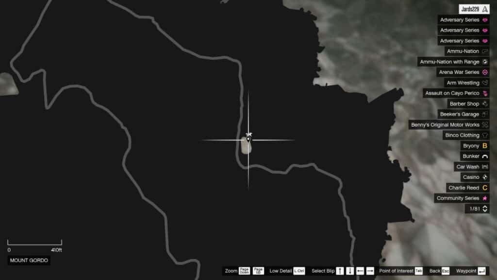 Die Karte in GTA Online mit dem Standort der Peyote Plant in Mount Gordo.