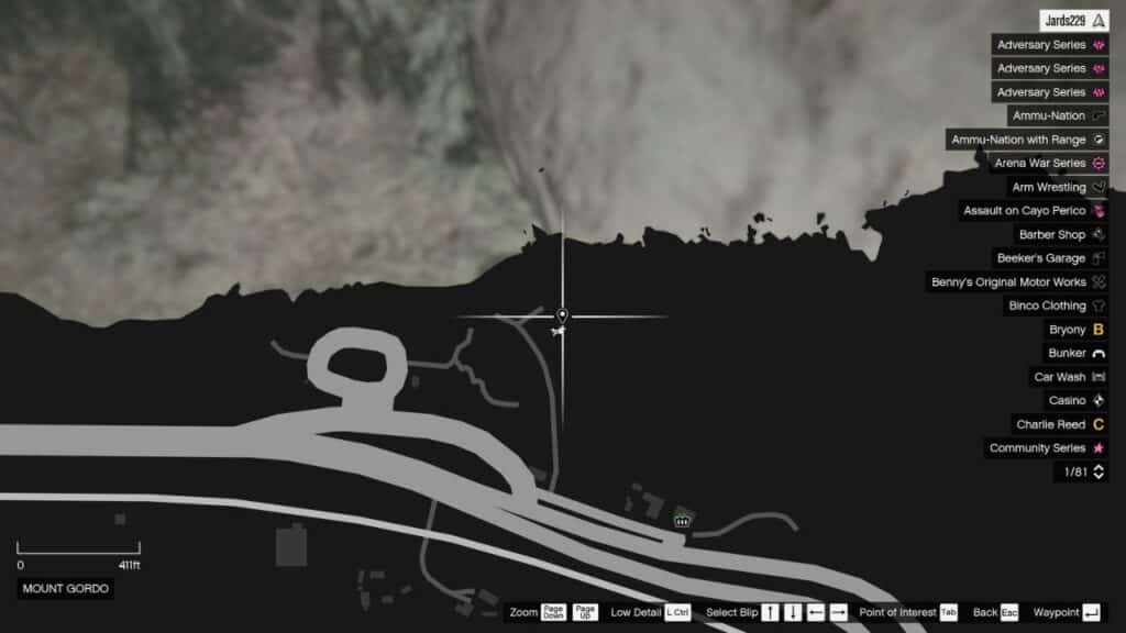 Die Karte in GTA Online mit dem Standort der Peyote Plant in Mount Gordo.