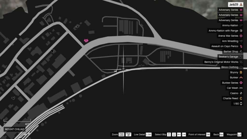 Die Karte in GTA Online mit dem Standort der Peyote Plant in Mount Chiliad.