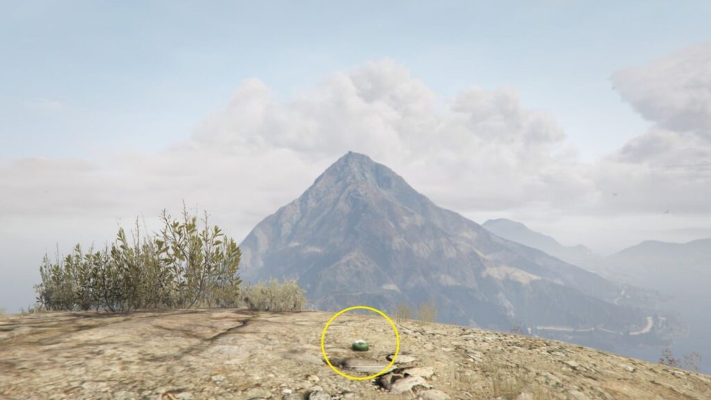 The Peyote Plant at the top of Mount Josiah, overlooking Mount Chiliad in GTA Online.