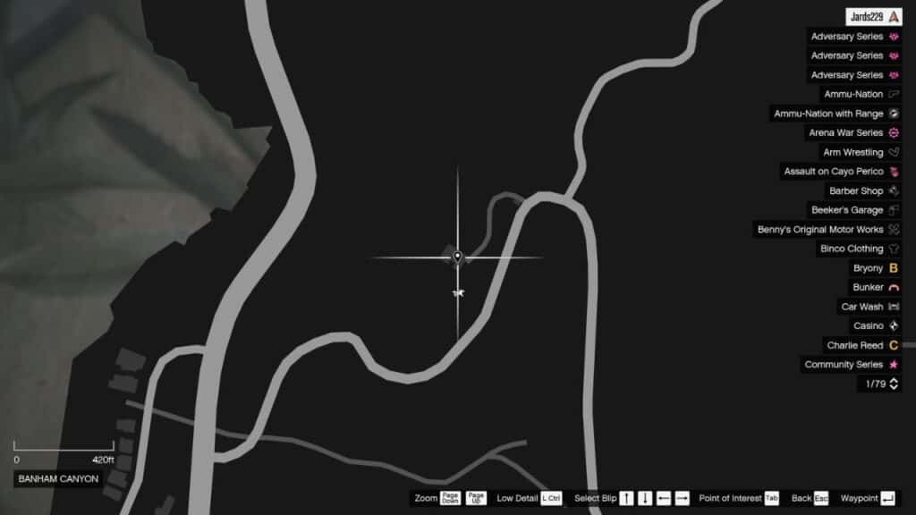 Die Karte in GTA Online mit dem Standort der Peyote-Pflanze im Banham Canyon.