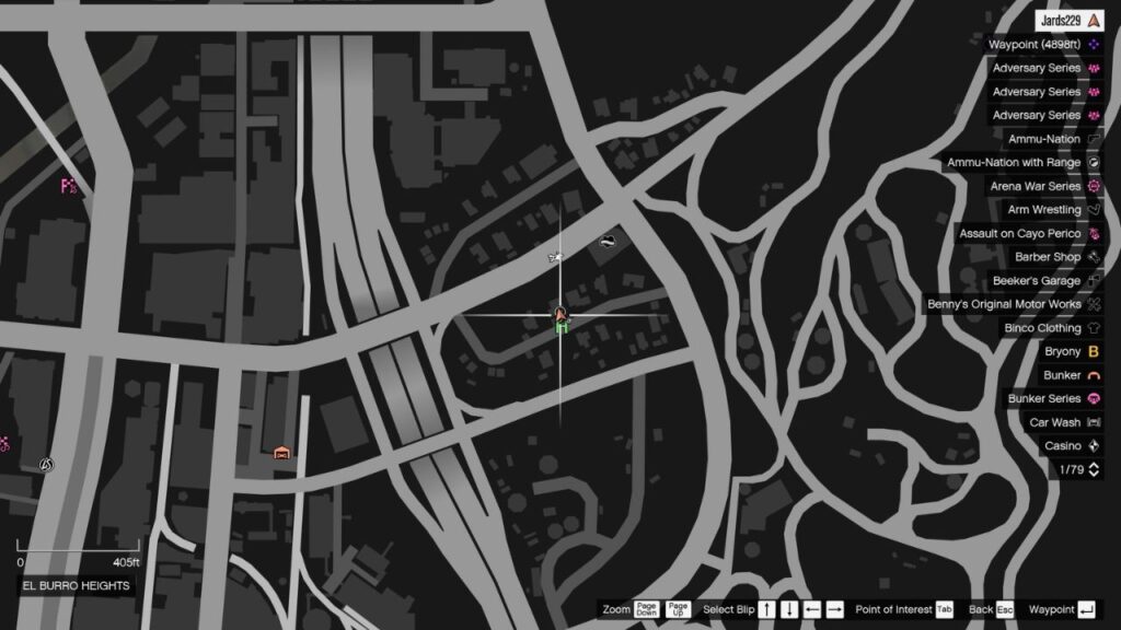 The map in GTA Online featuring the Peyote Plant's location in El Burro Heights.