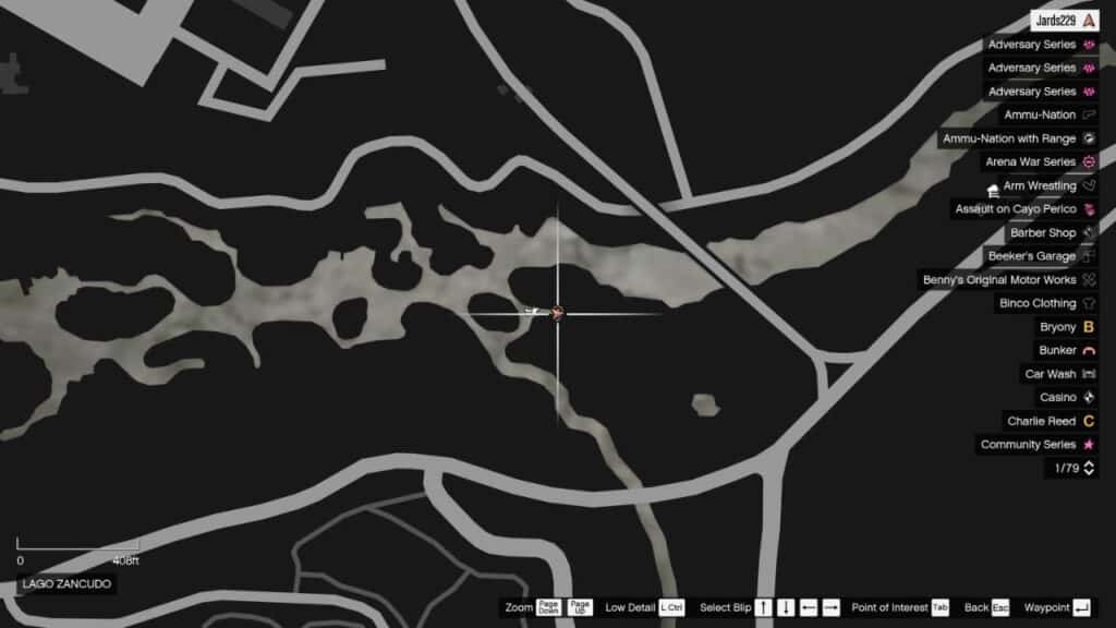 The map in GTA Online featuring the Peyote Plant's location in Lago Zancudo.