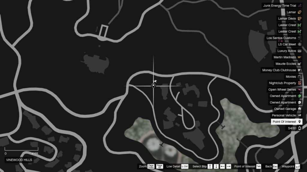 The map in GTA Online featuring the Peyote Plant's location in Vinewood Hills.